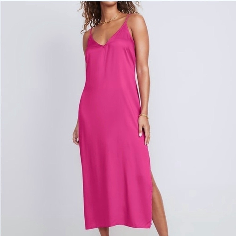 Womens Pink Rayon Smocked Back Midi Slip Dress Side Slit Fuchsia Size M NWT